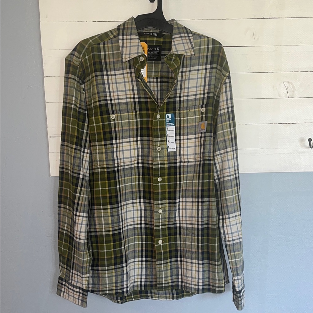 Carhartt Relaxed fit Men's Olive and Cream Plaid Button-Down Shirt